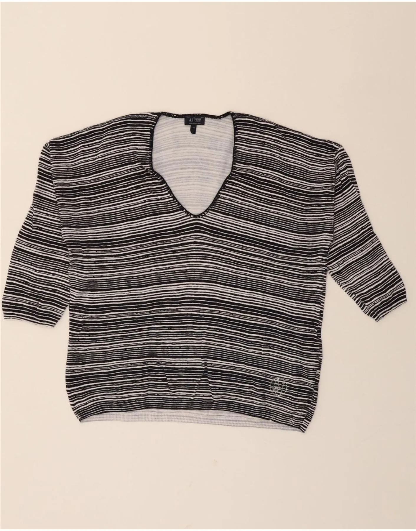 ARMANI JEANS Womens V-Neck Jumper Sweater IT 42 Medium Navy Blue Striped