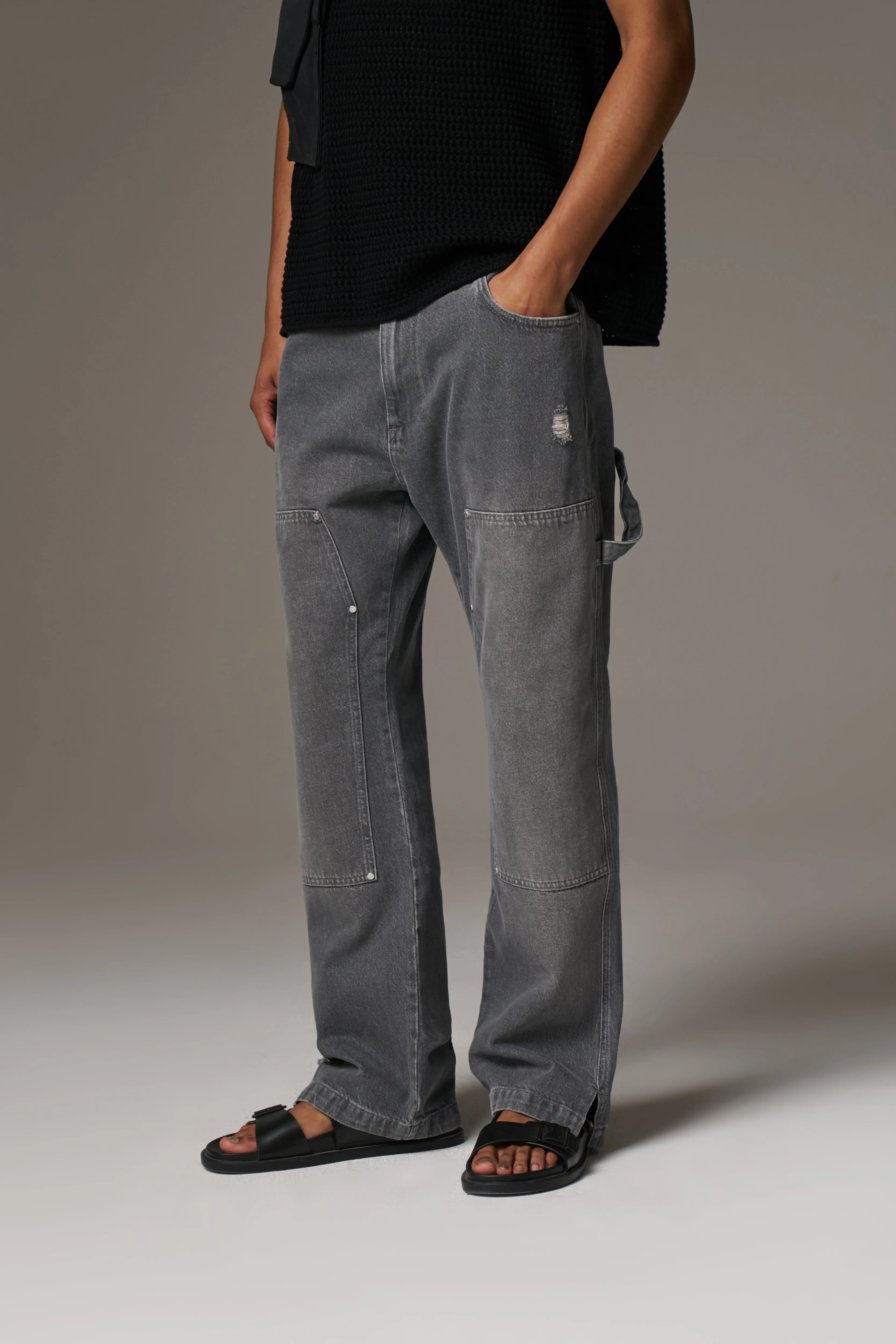 DENIM RIVET DETAIL CARPENTER JEANS - GREY WASH