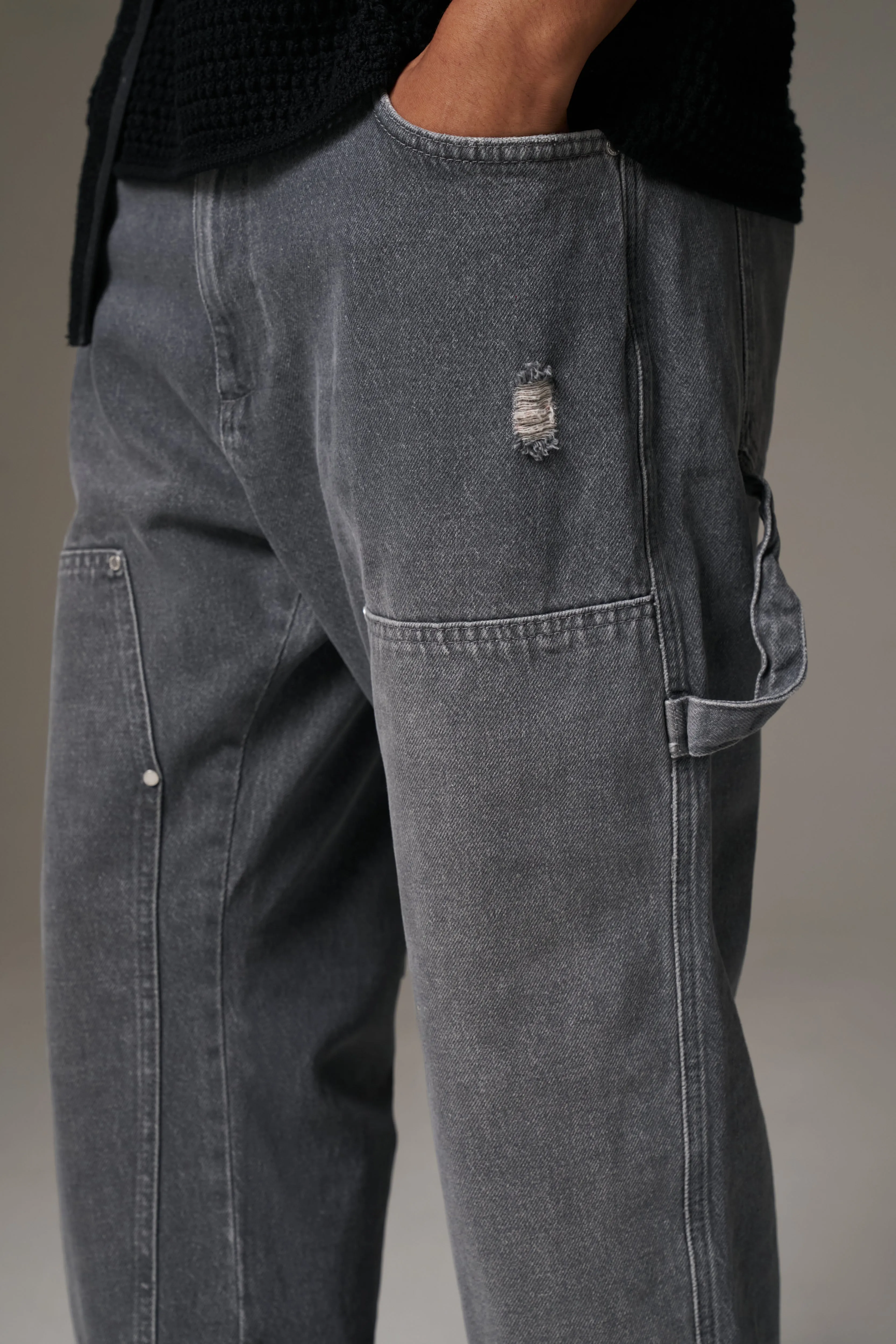 DENIM RIVET DETAIL CARPENTER JEANS - GREY WASH