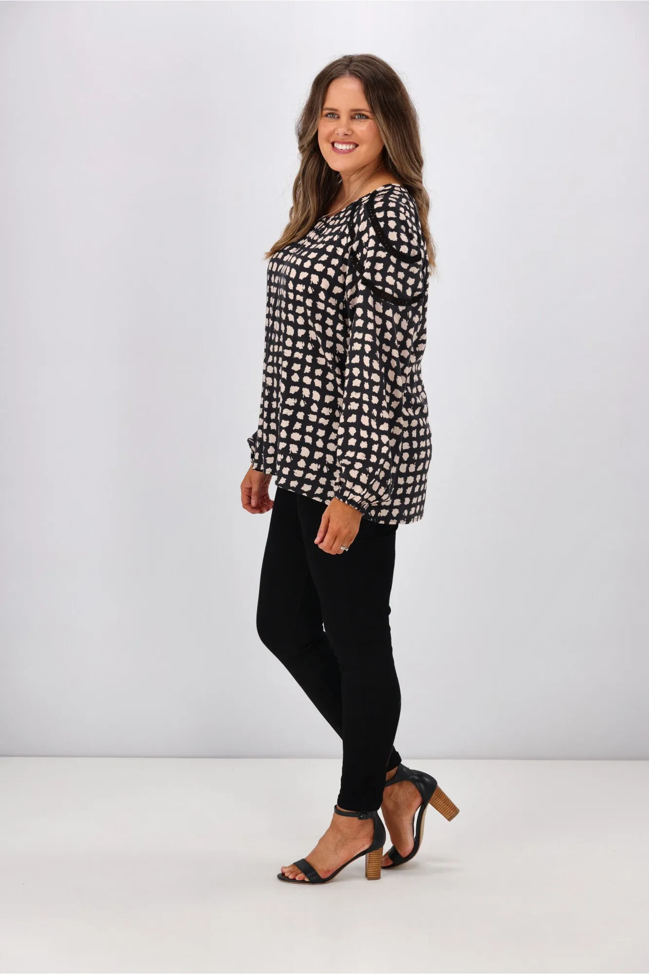 Gloss by Shine On Nello Ladder Lace Puff Sleeve Blouse Geo Print