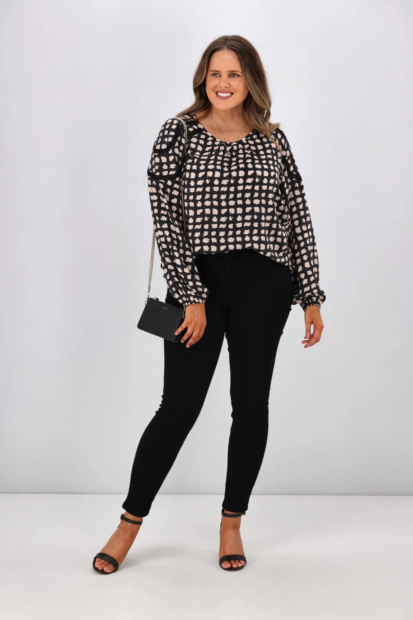 Gloss by Shine On Nello Ladder Lace Puff Sleeve Blouse Geo Print
