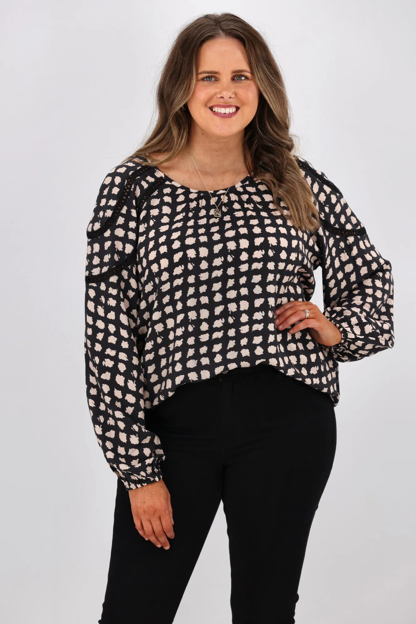 Gloss by Shine On Nello Ladder Lace Puff Sleeve Blouse Geo Print