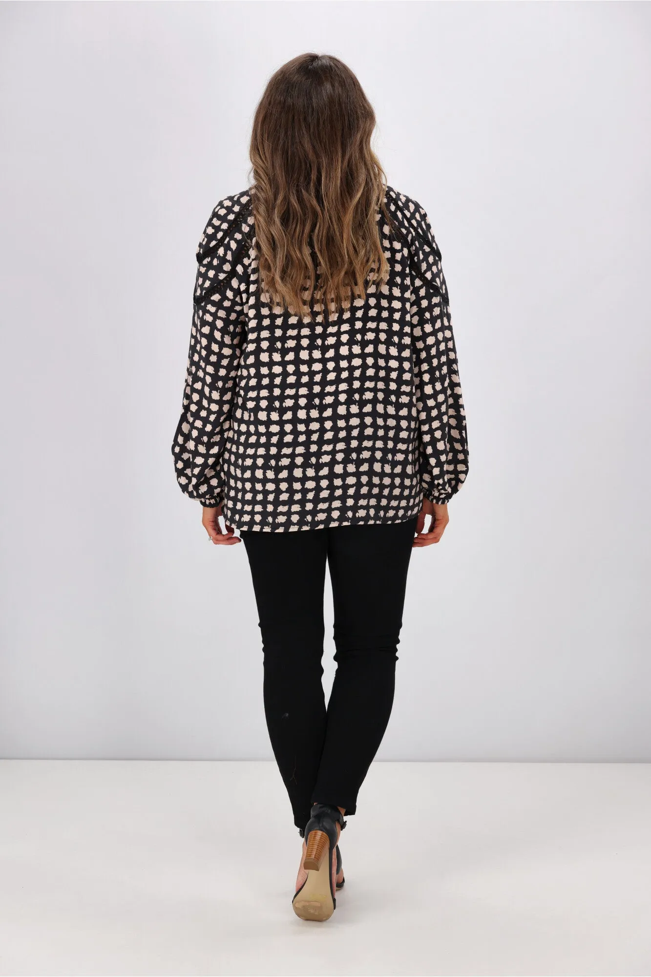 Gloss by Shine On Nello Ladder Lace Puff Sleeve Blouse Geo Print