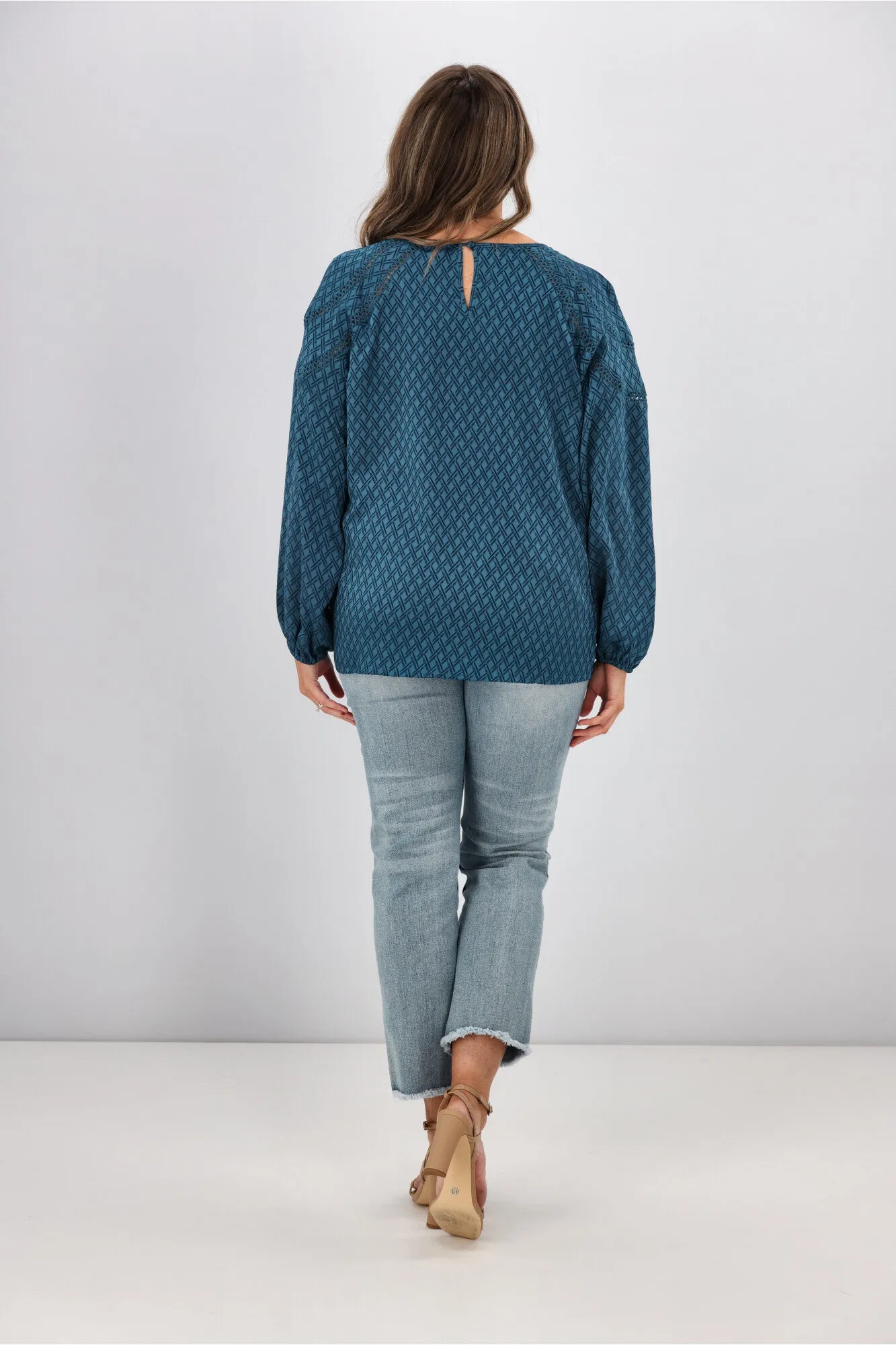 Gloss by Shine On Nello Ladder Lace Puff Sleeve Blouse Teal Jacquard