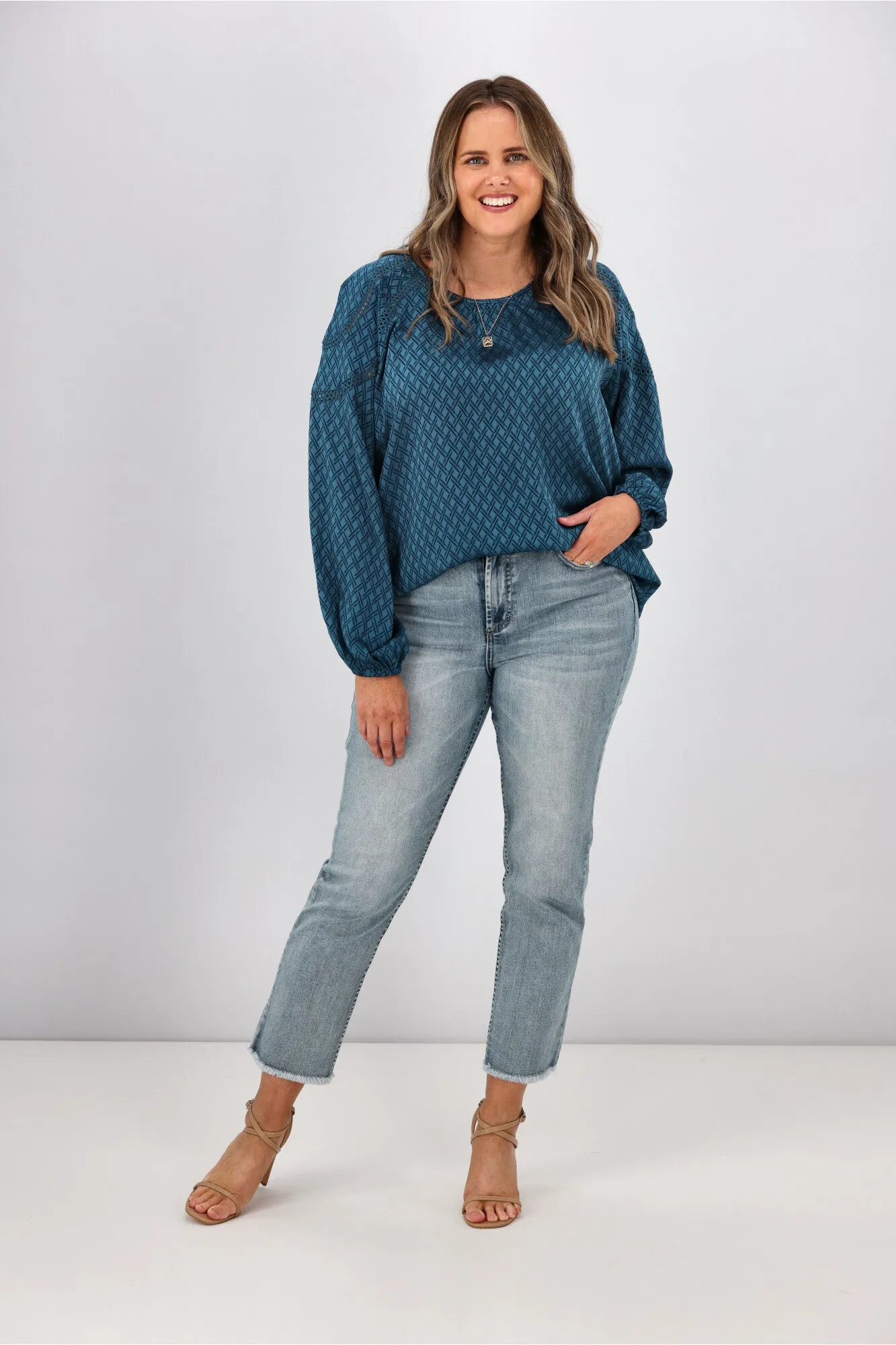Gloss by Shine On Nello Ladder Lace Puff Sleeve Blouse Teal Jacquard