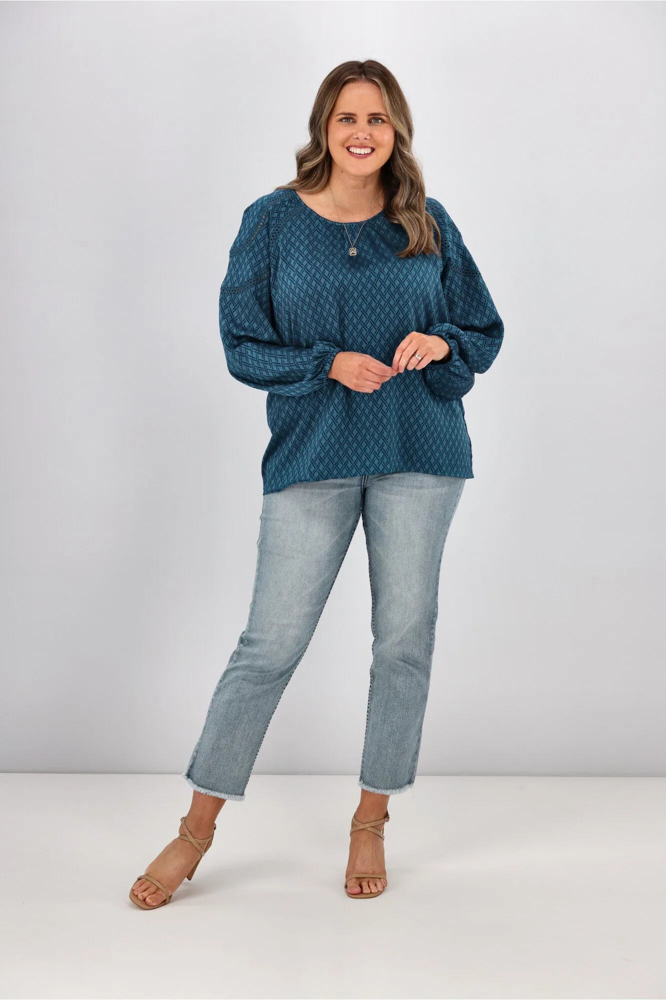 Gloss by Shine On Nello Ladder Lace Puff Sleeve Blouse Teal Jacquard