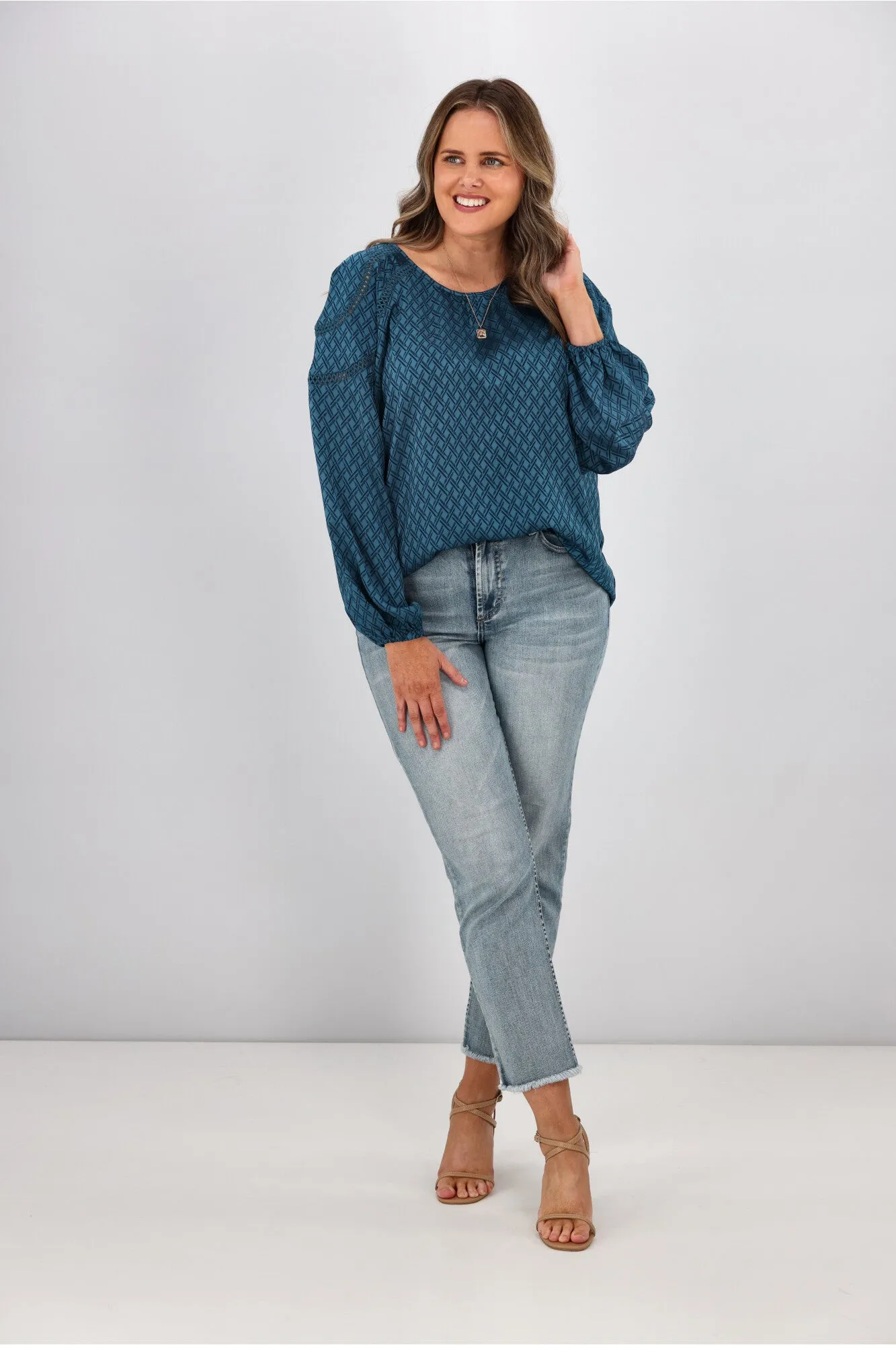 Gloss by Shine On Nello Ladder Lace Puff Sleeve Blouse Teal Jacquard