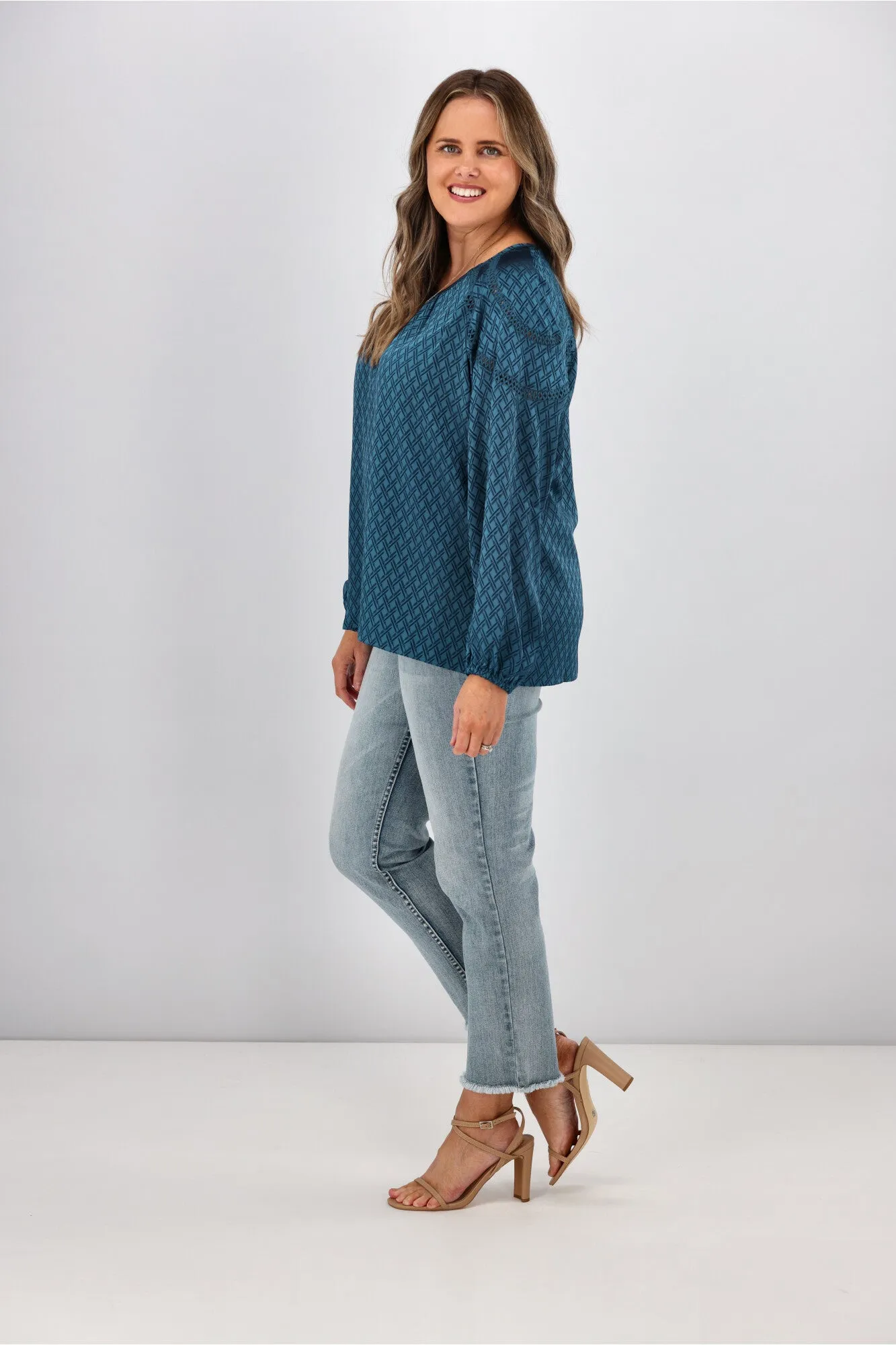 Gloss by Shine On Nello Ladder Lace Puff Sleeve Blouse Teal Jacquard