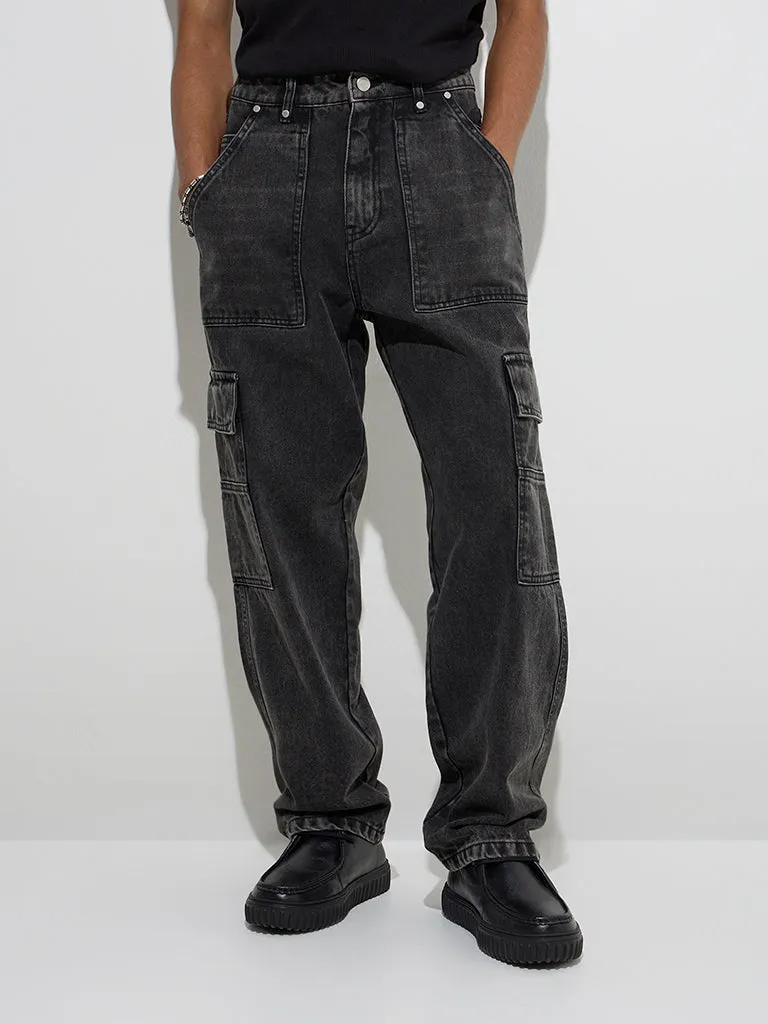 Nuon Charcoal Relaxed-Fit Mid-Rise Cargo Jeans