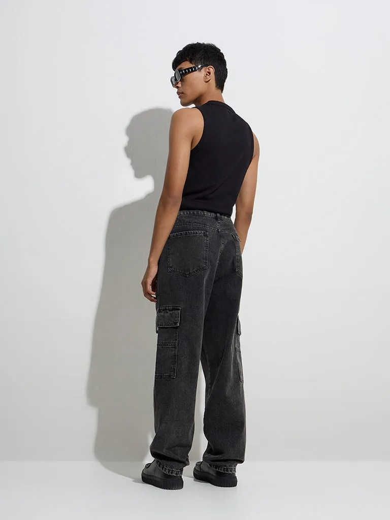 Nuon Charcoal Relaxed-Fit Mid-Rise Cargo Jeans