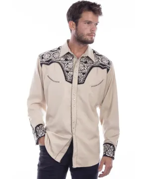 Scully Floral Tooled Embroidery - Men's Western Shirt (Tan/Black) (Closeout)