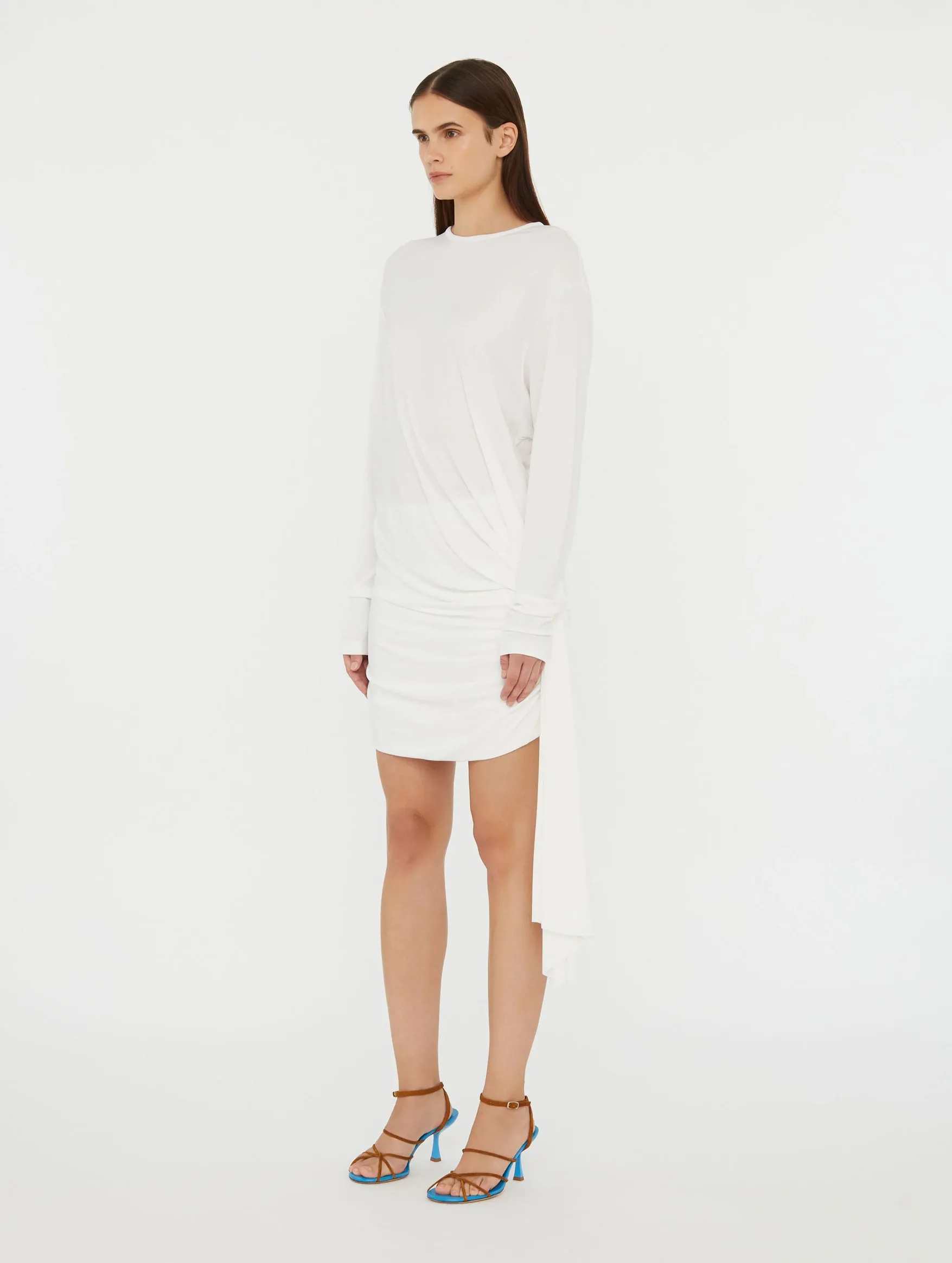 Side Cowl Drape Extension Dress in White