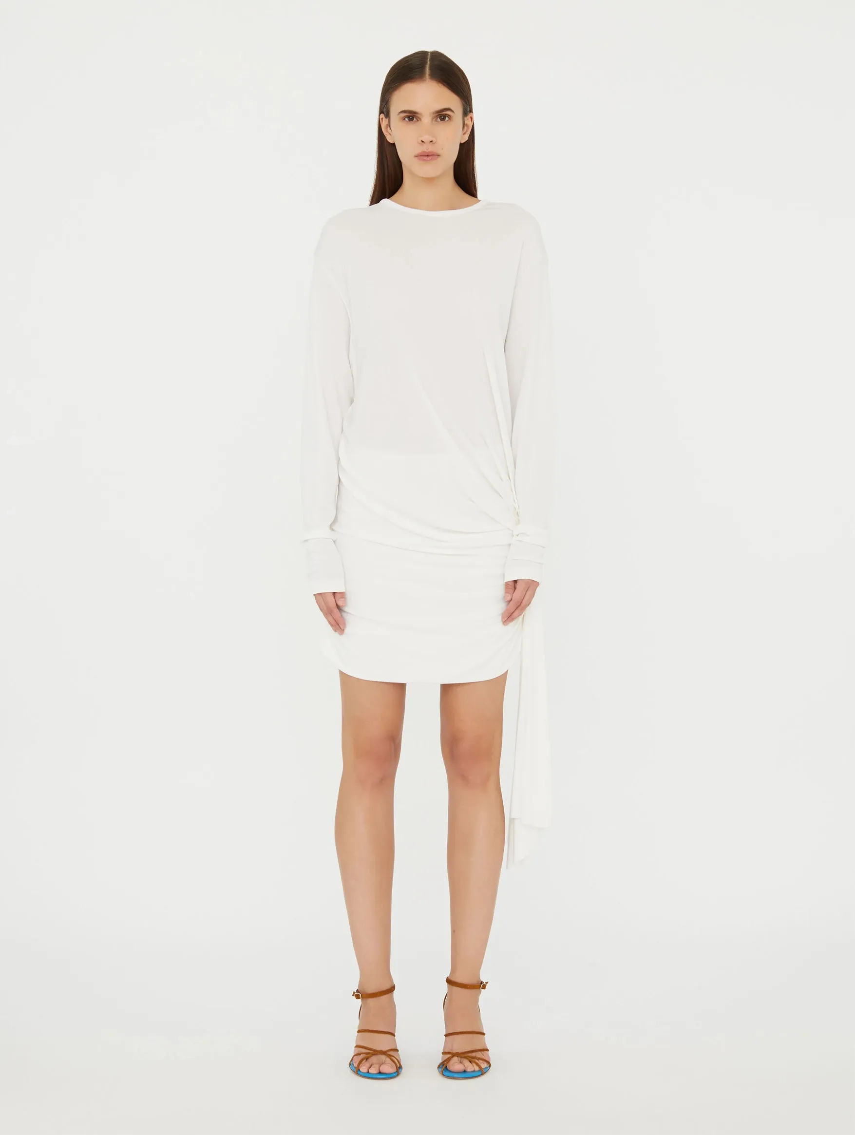 Side Cowl Drape Extension Dress in White