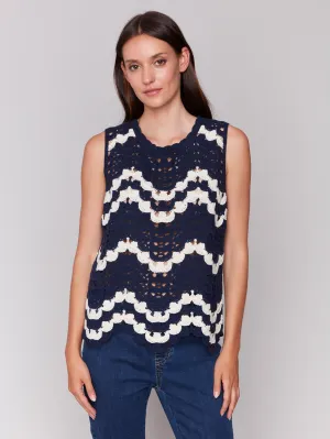 Sleeveless Crochet Crew Neck Top - Navy