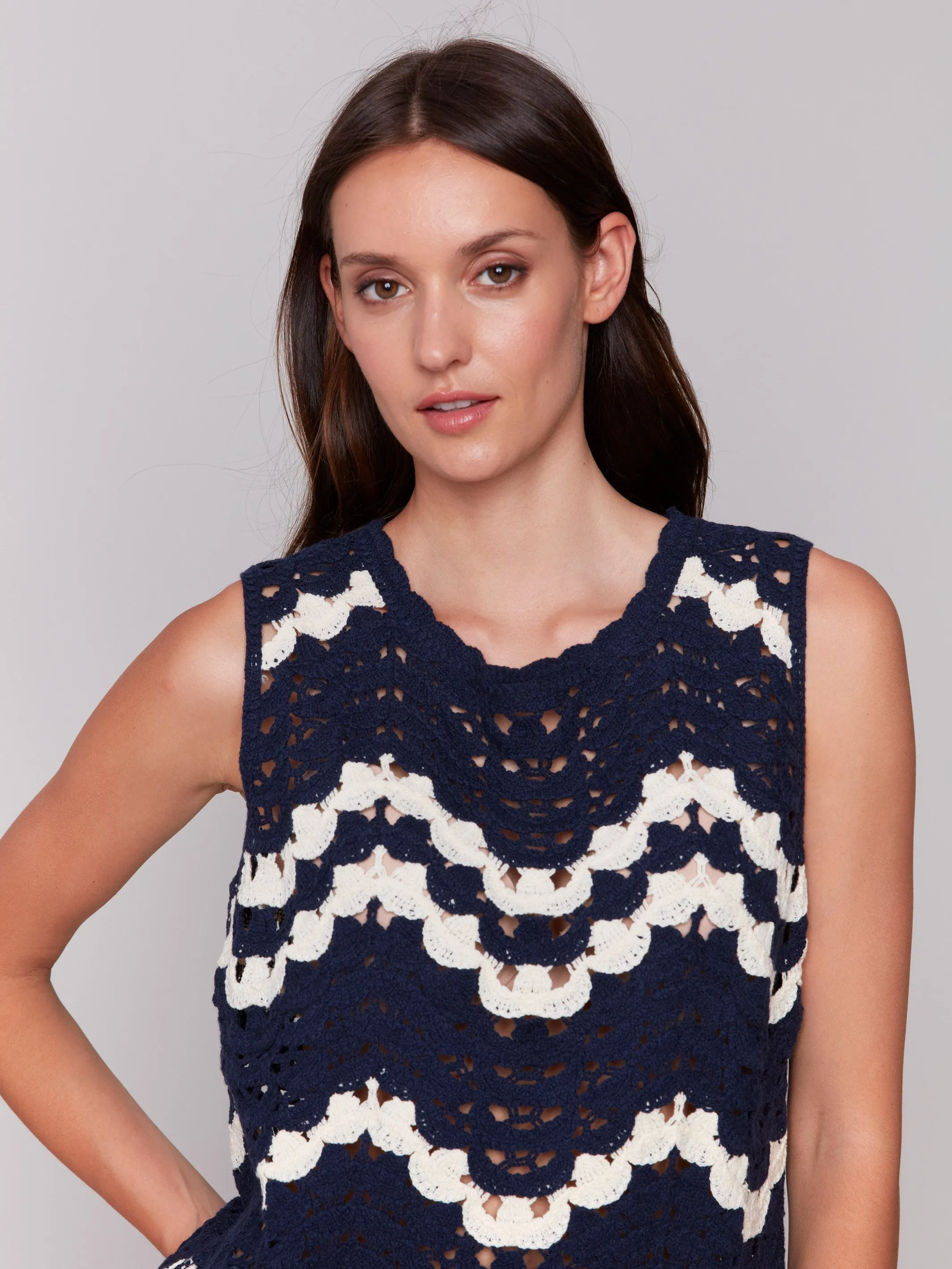 Sleeveless Crochet Crew Neck Top - Navy