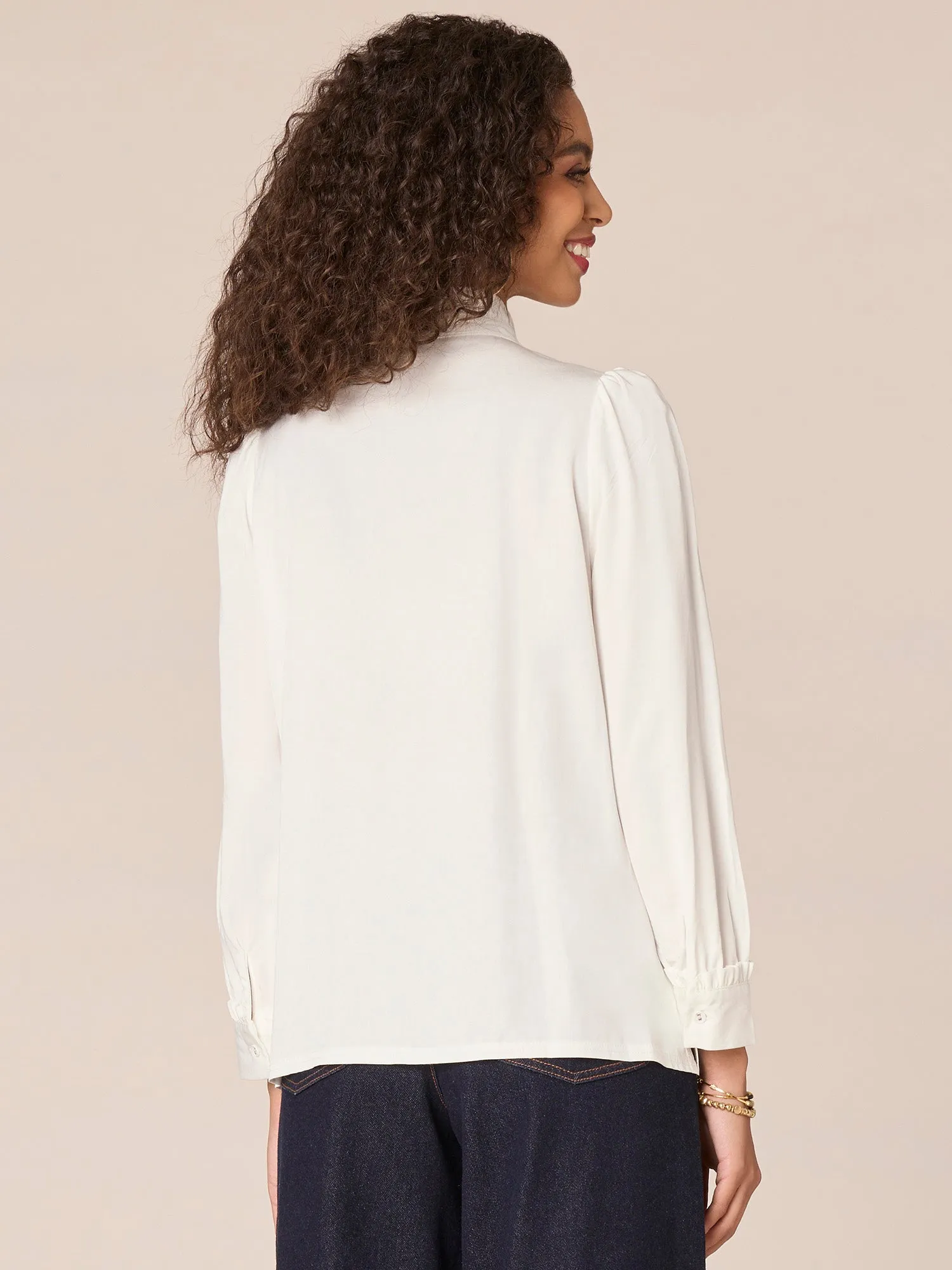 Three Quarter Puff Sleeve Stand Collar Cascading Ruffle Woven Top