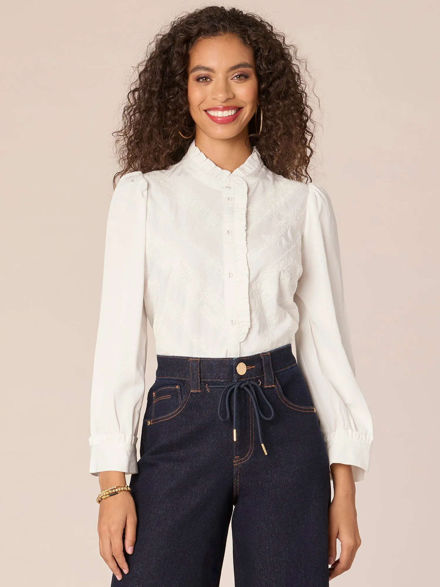 Three Quarter Puff Sleeve Stand Collar Cascading Ruffle Woven Top
