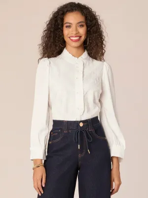 Three Quarter Puff Sleeve Stand Collar Cascading Ruffle Woven Top