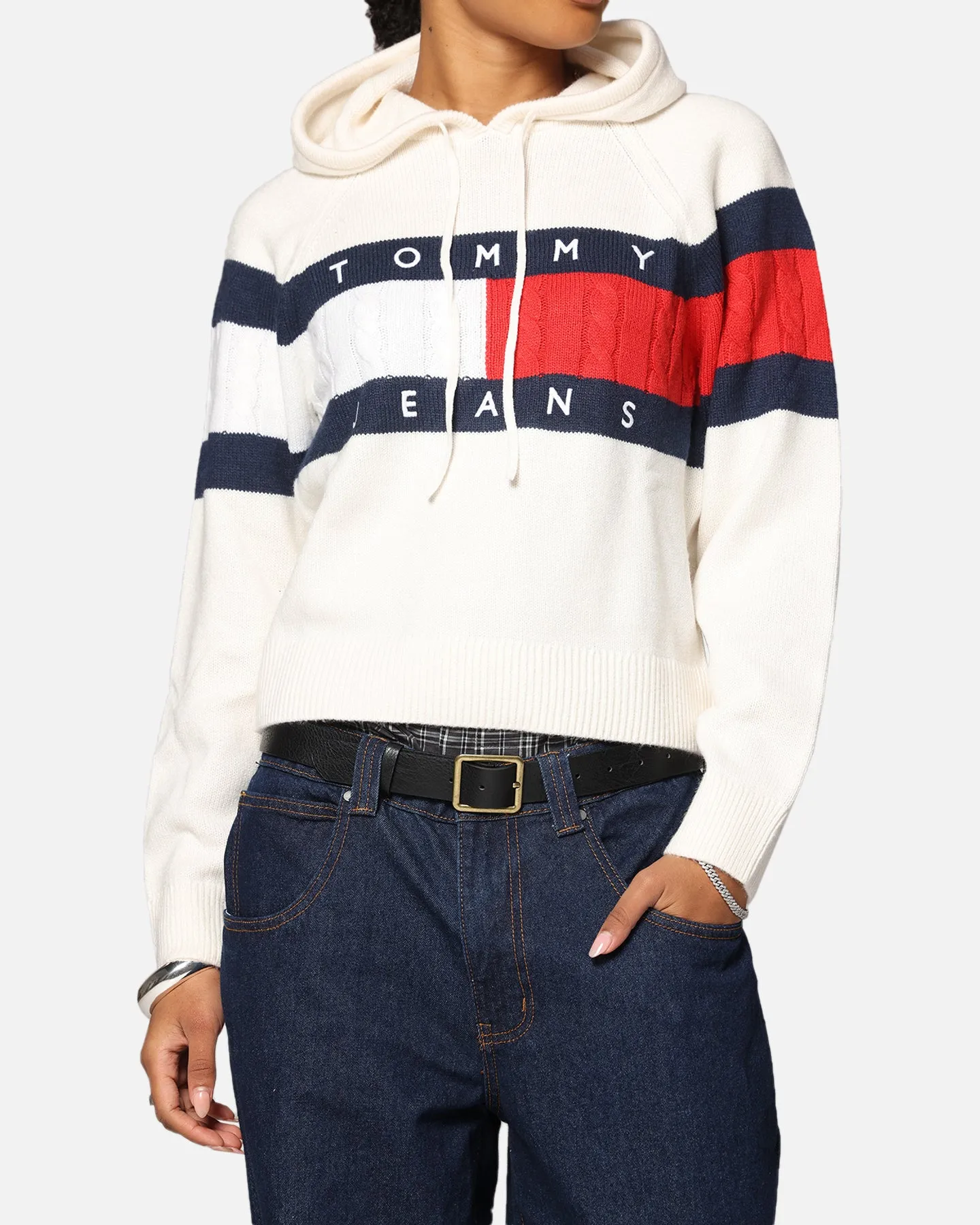 Tommy Jeans Women's TJW Center Flag Hoodie Sweater Ancient White