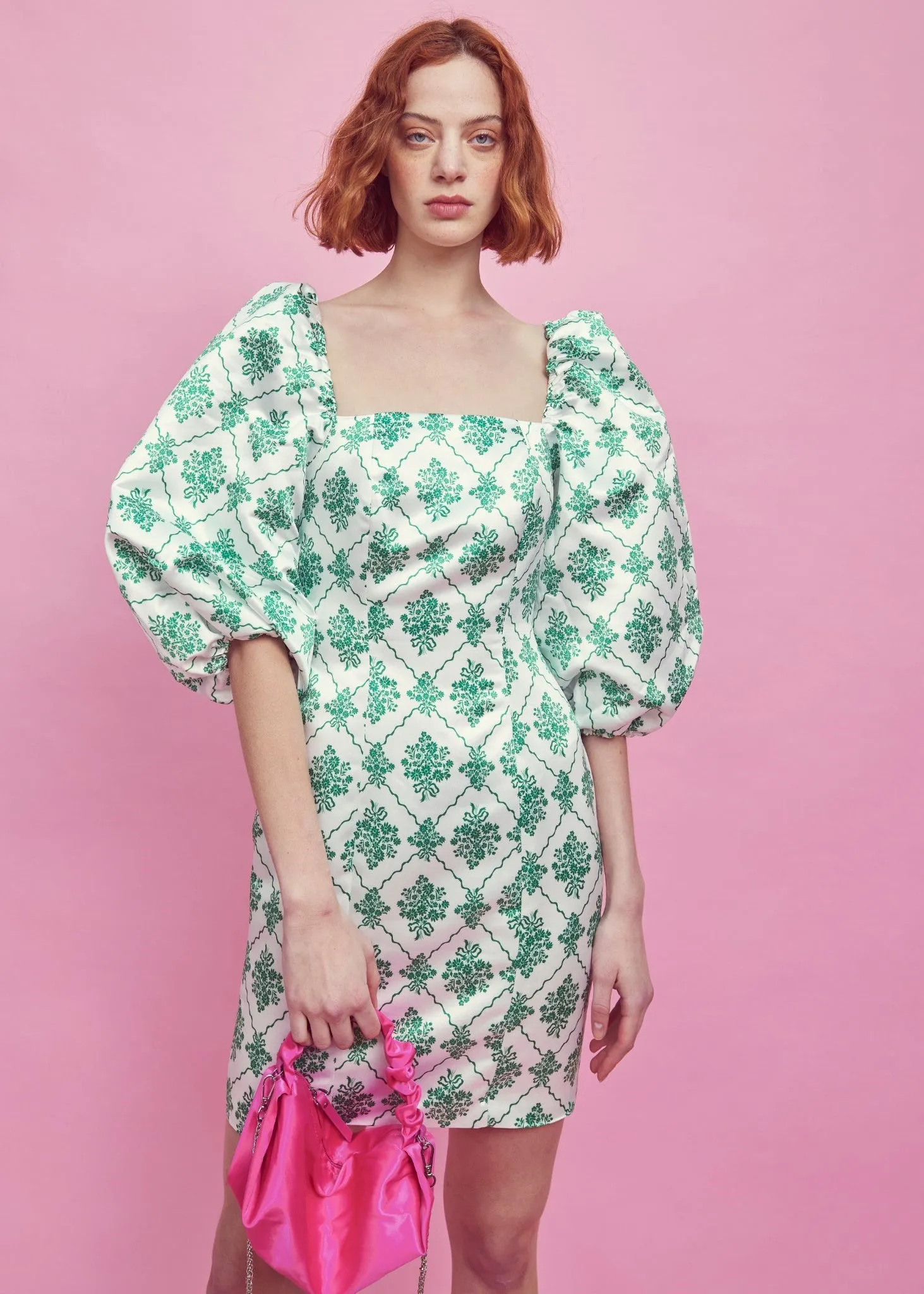 White-Green Damask Puff Sleeve Mini Dress