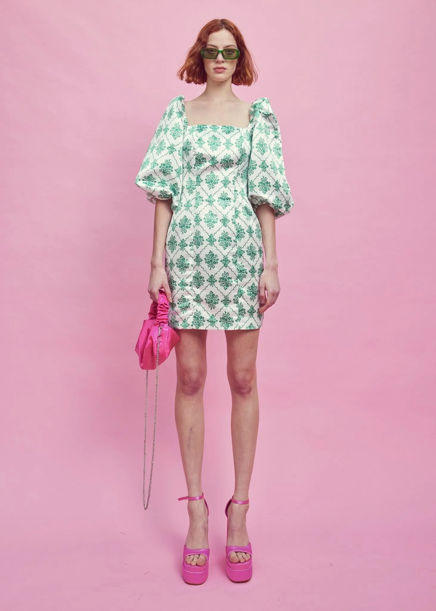 White-Green Damask Puff Sleeve Mini Dress